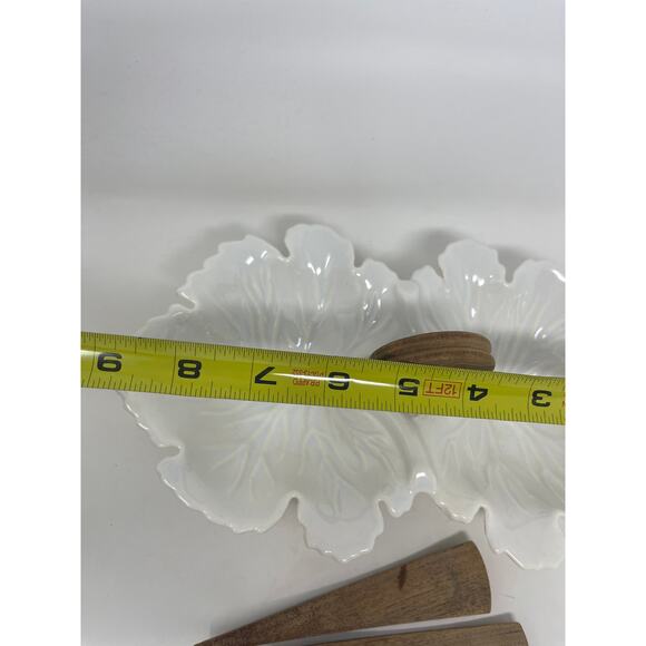 U.S.A Pottery MCM Leaf Shape Relish Serving Dish Wood Handle & Spoons Vintage - Picture 8 of 10